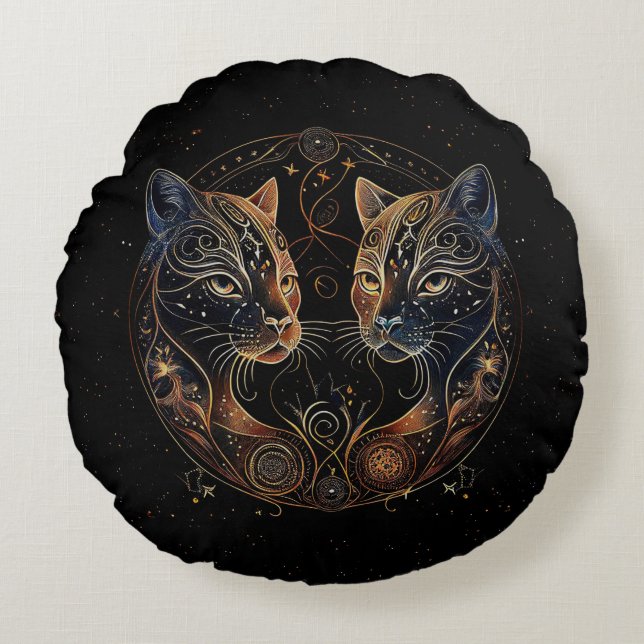 Artistic Feline Circle Twin Cats Round Pillow (Front)