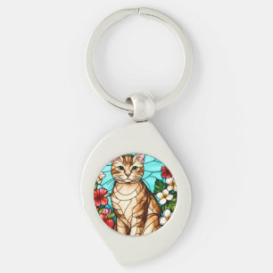 Artistic Feline Portrait Amid Tropical Flowers Keychain