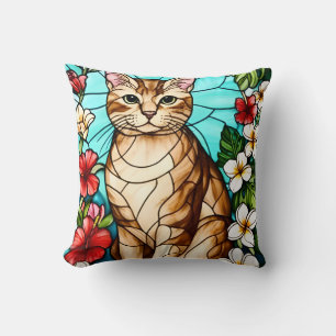 Artistic Feline Portrait Amid Tropical Flowers Throw Pillow