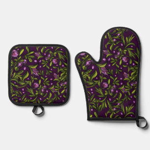 Artistic Floral Motif: Purple Flowers Oven Mitt & Pot Holder Set