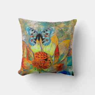 Artistic flower and butterfly throw pillow