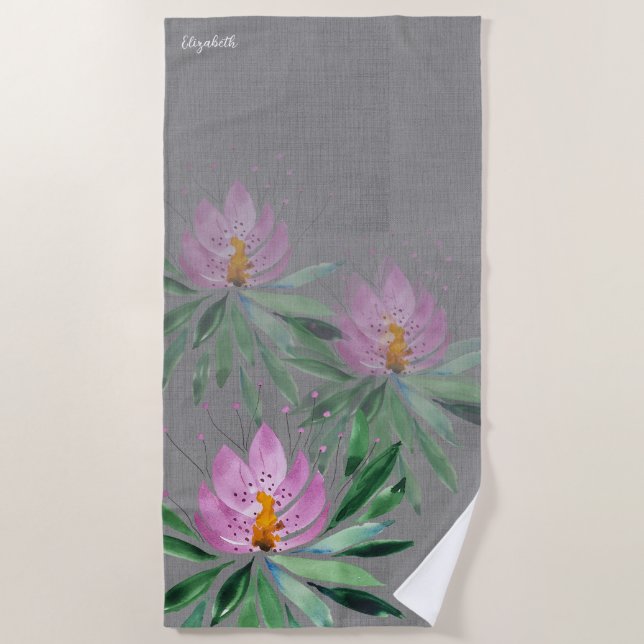 Artistic Flowers In Pink Violet Watercolor Art Beach Towel (Front)