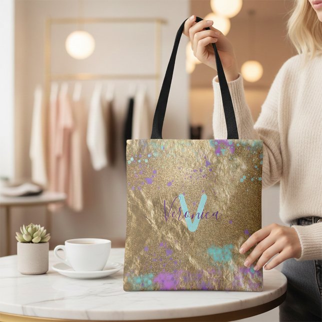 Artistic Gold Metallic Foil Glitter Paint Splatter Tote Bag (Creator Uploaded)