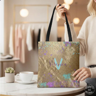 Artistic Gold Metallic Foil Glitter Paint Splatter Tote Bag
