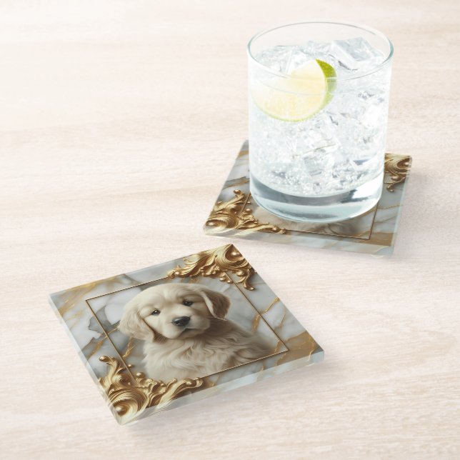 Artistic Golden Retriever Marble Style Glass Coaster (Angled)