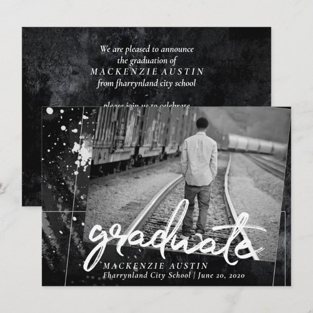 Artistic Graduation | Black and White Paint Photo Invitation (Front/Back)