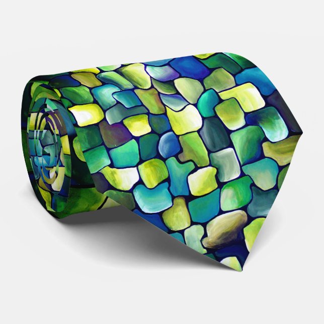 Artistic Green Blue Mosaic Business Pattern  Tie (Rolled)