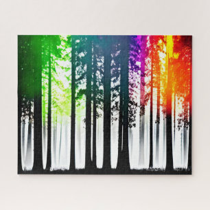 Artistic Green Purple and Orange Silhouette Forest Jigsaw Puzzle
