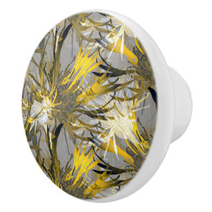 Artistic Grey Black & Gold Abstract Floral Ceramic Knob