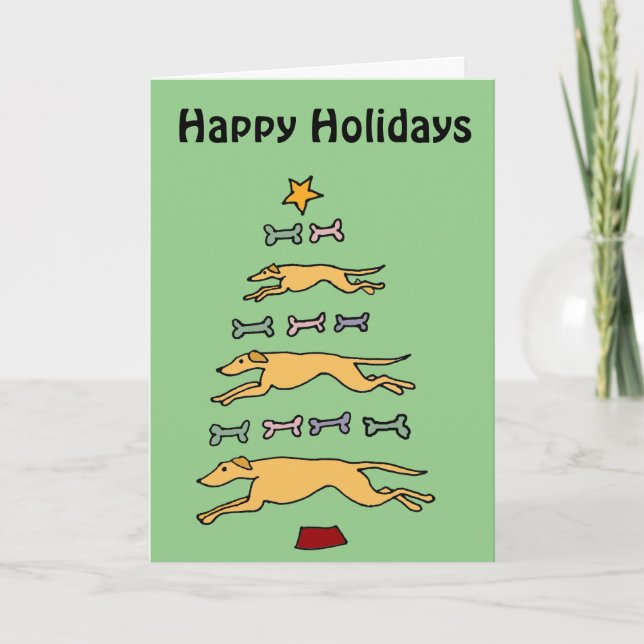 Artistic Greyhound Dog and Bones Christmas Tree Holiday Card (Front)