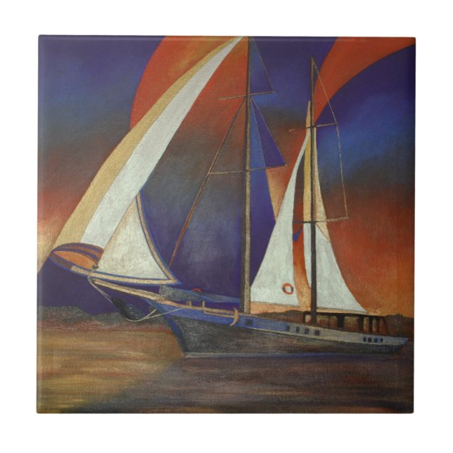 Artistic Gulet Under Sail In Orange and Purple Tile (Front)