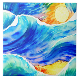 Artistic hand drawn crazy ocean wave Scandinavian Tile