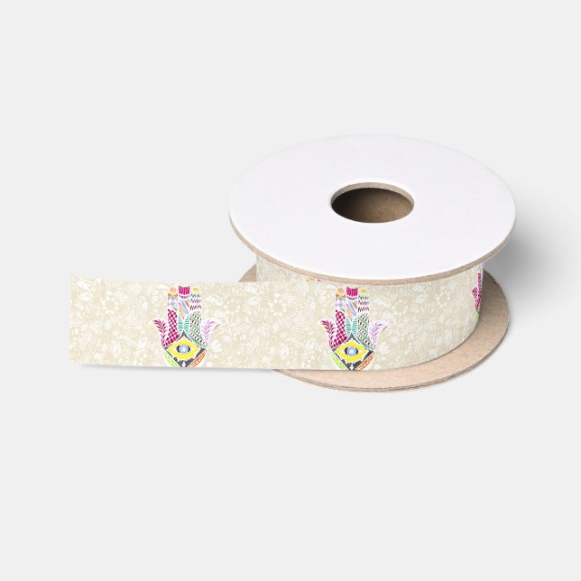 Artistic Hand Drawn Hamsa Hand an Floral Drawings Satin Ribbon (Spool)
