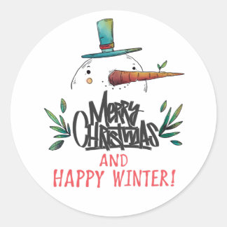 Artistic Hand Drawn Snowman Merry Christmas Happy Classic Round Sticker