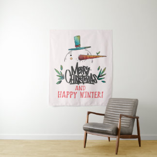 Artistic Hand Drawn Snowman Merry Christmas Happy Tapestry