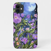 Artistic hand painted night garden full moon Blue