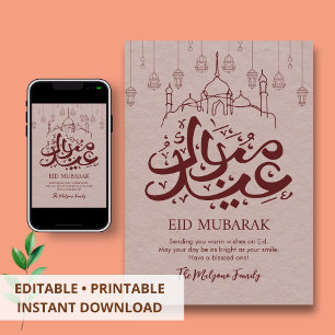 Artistic Hanging Lanterns Line Art Eid Mubarak  Holiday Card
