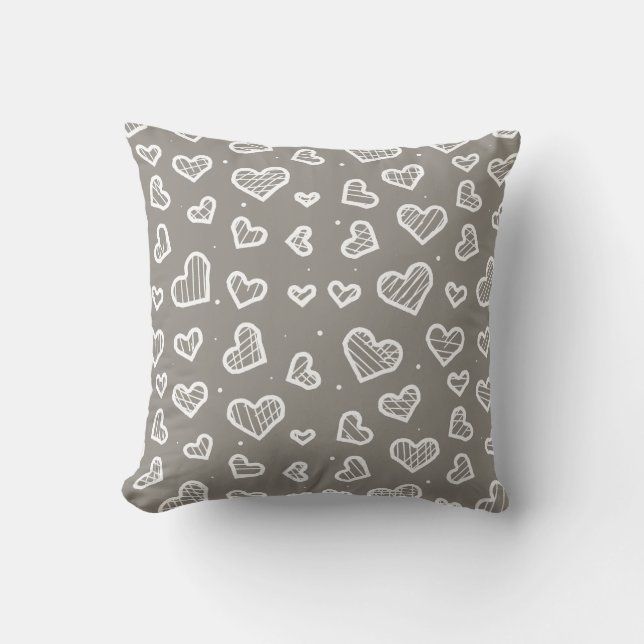 Artistic Hearts Seamless Pattern - Grey Background Throw Pillow (Front)
