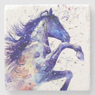 Artistic Horse Watercolor Splatter Painting Blue Stone Coaster