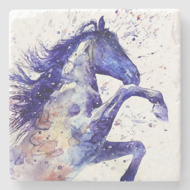 Artistic Horse Watercolor Splatter Painting Blue Stone Coaster (Front)