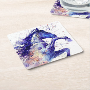 Artistic Horse Watercolor Splatter Painting Square Paper Coaster
