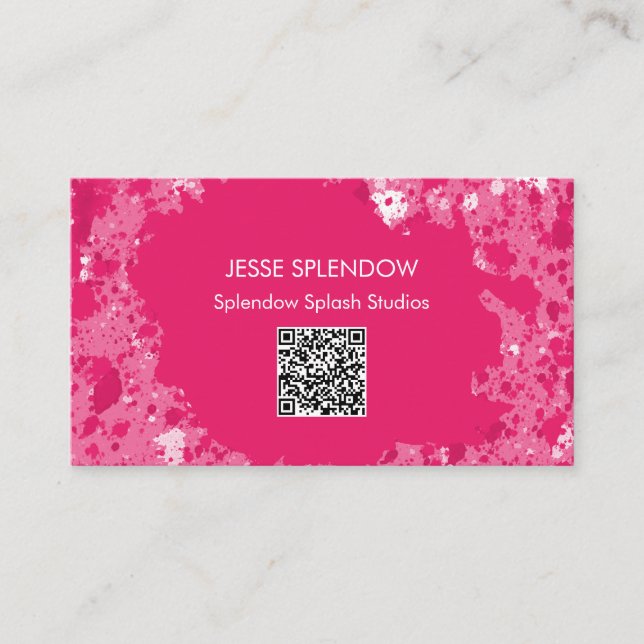 Artistic Hot Pink Abstract Paint Splatters QR Code Business Card (Front)