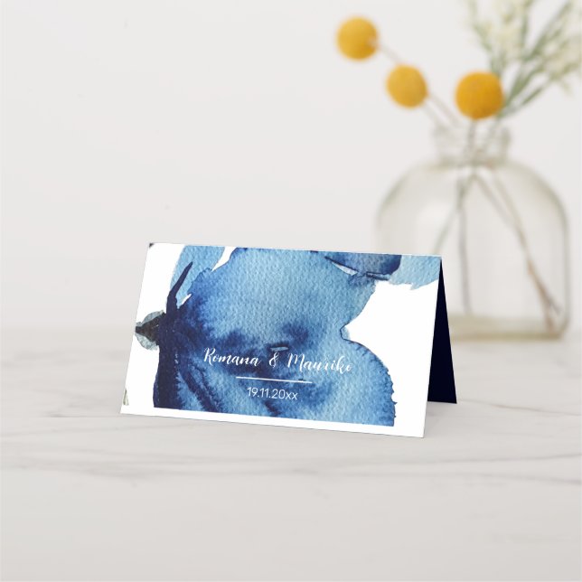 Artistic Indigo Blue Watercolor Floral Place Card (Front)