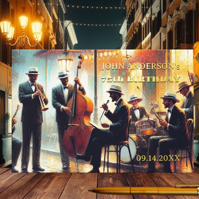 Artistic Jazz Orchestra Music Birthday Real Guest Book (Birthday guest book featuring a painting of a jazz music orchestra with real foil texts)