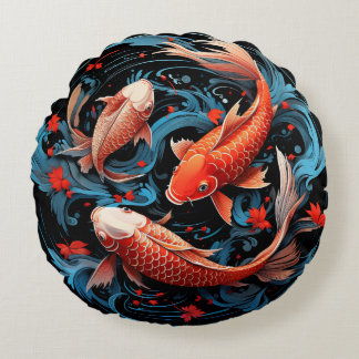 Artistic Koi Fish with a Black Base Round Pillow