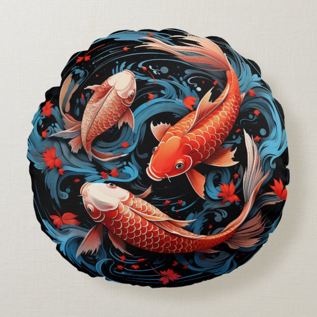 Artistic Koi Fish with a Black Base Round Pillow (Front)