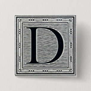 Artistic Letter "D" Woodcut Woodblock Initial 2 Inch Square Button