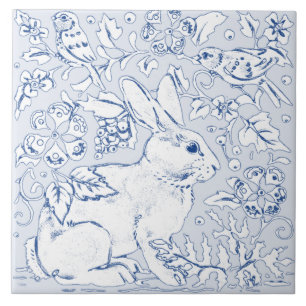 Artistic Light Blue Bunny Rabbit Bird Floral Delft Tile