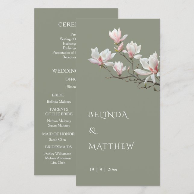 Artistic Magnolia Sage Green | Wedding Program (Front/Back)