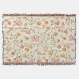 Artistic Marine Coral Seashell Terracotta Ivory Throw Blanket