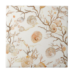 Artistic Marine Coral Seashell Terracotta Ivory Tile