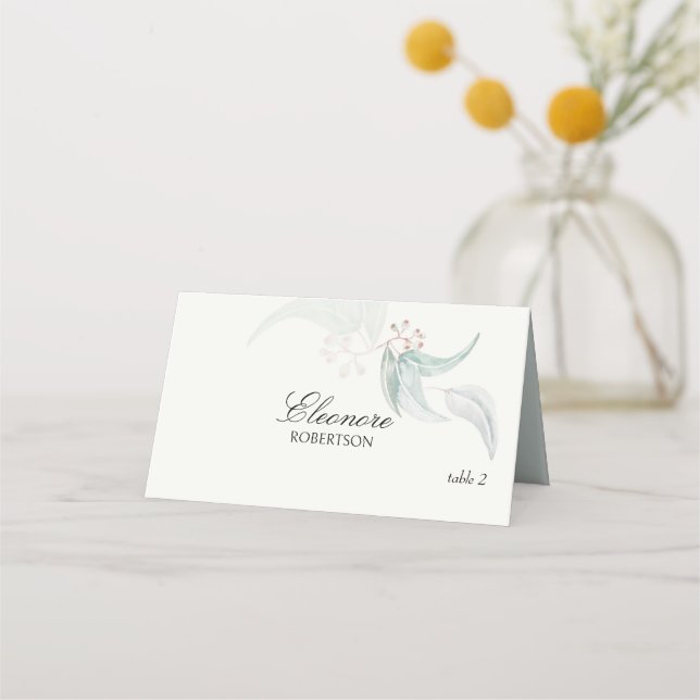 Artistic Mint Green Eucalyptus Watercolor Monogram Place Card (Front)