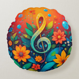 Artistic Musical Note Surrounded By Colourful Flow Round Pillow