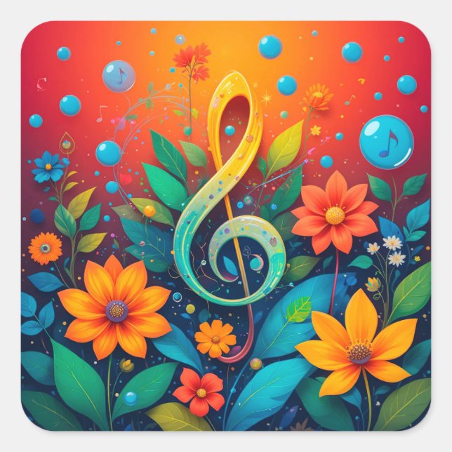 Artistic Musical Note Surrounded By Colourful Flow Square Sticker (Front)