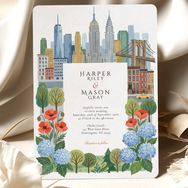 Artistic NYC Skyline Blue Hydrangea Red Poppy Wedd Invitation (Creator Uploaded)