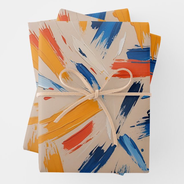 Artistic Orange and Blue Expressionist Wrapping Paper Sheet (In situ)