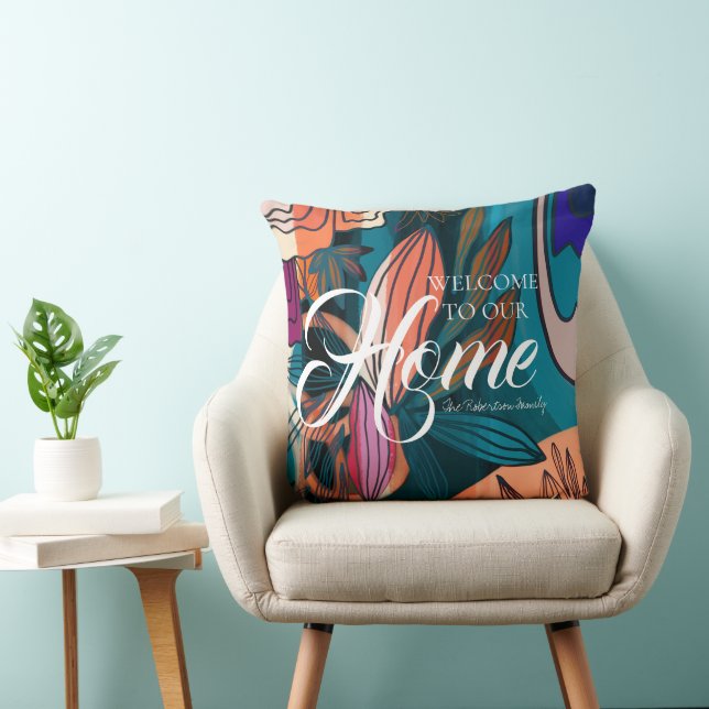 Artistic Orange Navy Blue Botanical Leaves Welcome Throw Pillow (Chair)