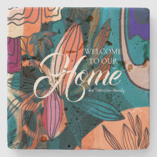 Artistic Orange Pink Navy Botanical Leaves Welcome Stone Coaster