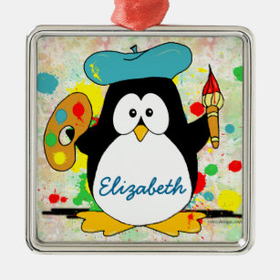 Artistic Penguin Painter Personalize Metal Ornament