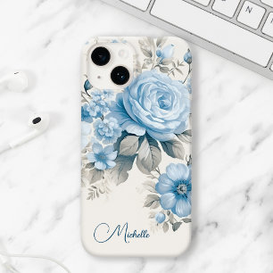 Artistic Personalized Light Pastel Blue Roses iPhone 14 Case