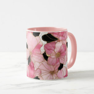 Artistic Pink Blooms Black Ink Abstract Mug