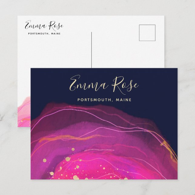 Artistic Pink Navy Watercolor Gold Splatter  Postcard (Front/Back)