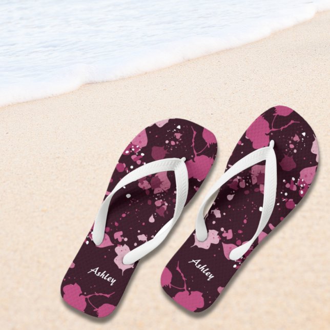 Artistic Pink Paint Splatter Name  Flip Flops (Artistic Pink Paint Splatter Name Flip Flops)