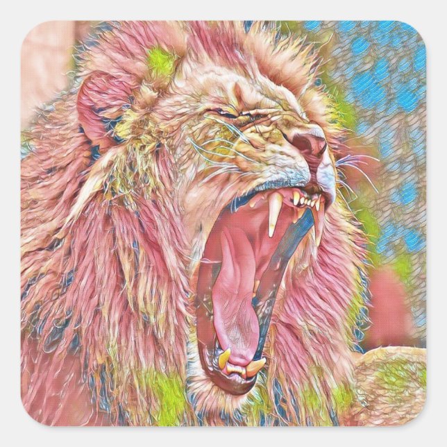 Artistic pink roaring lion square sticker (Front)