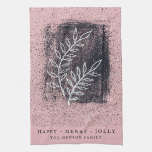 Artistic Pink White Twig Family Christmas Kitchen Towel