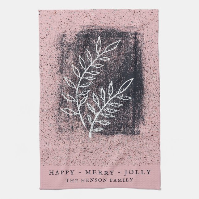 Artistic Pink White Twig Family Christmas Kitchen Towel (Vertical)